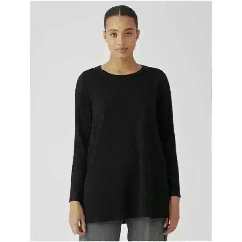 Eileen Fisher Long Sleeve Black Top Scoop Neck Viscose Spandex Top